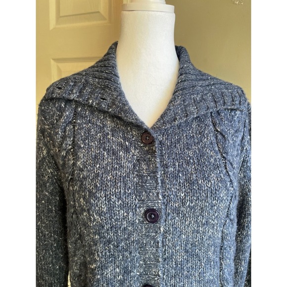 LL BEAN Cable Knit Cardigan Sweater with Shawl Collar, Button Front, Blue, Cozy - Picture 2 of 6